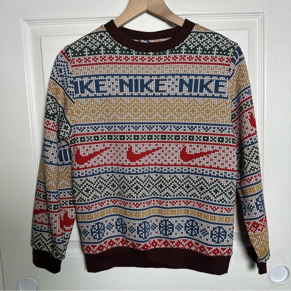Nike Sweater Kids Large Sportswear Club Fleece Holiday Crew Vintage Christmas - Picture 3 of 8